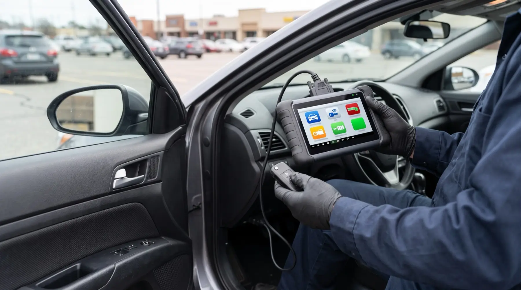 Marco Island Locksmith programming a replacement car key fob at the vehicle