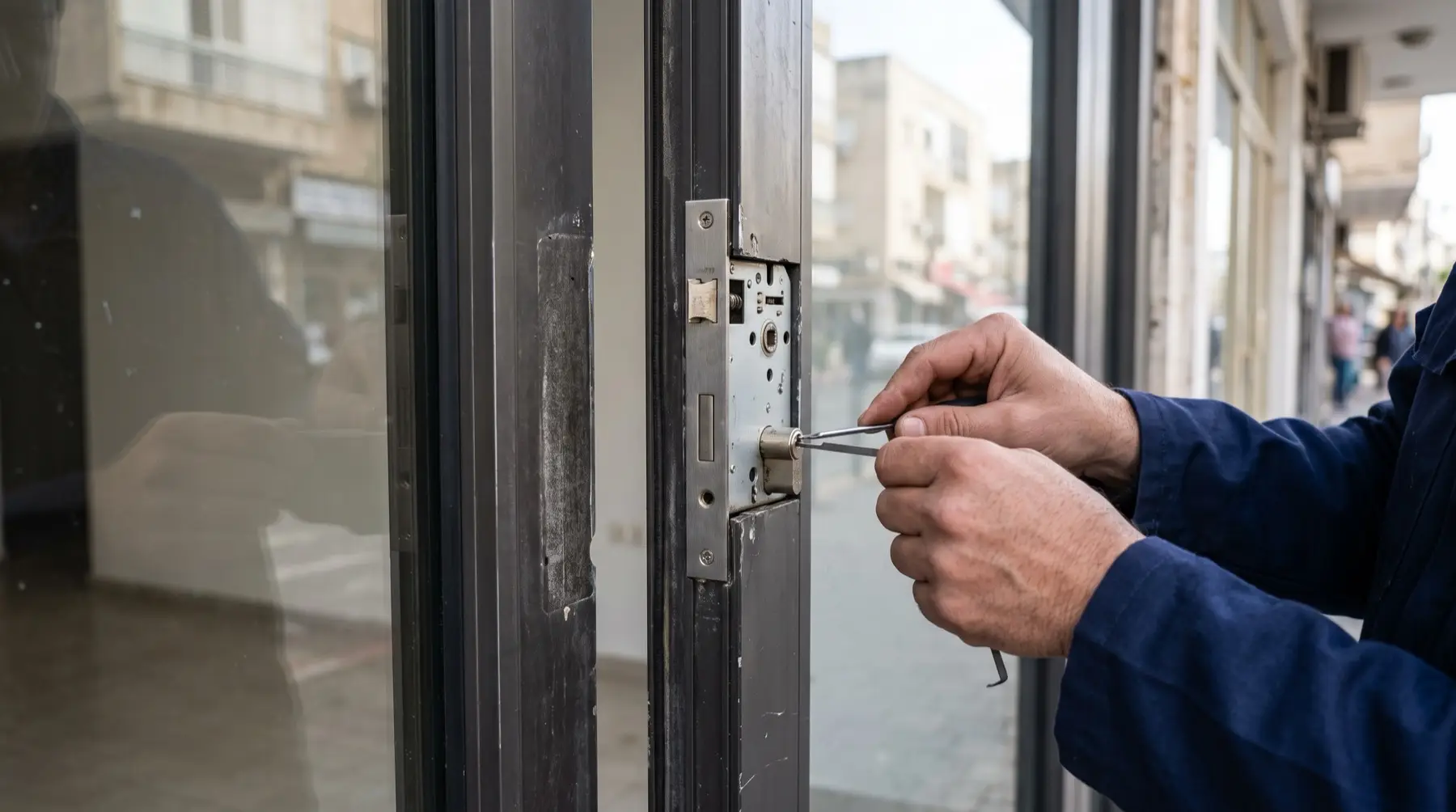 Marco Island Locksmith servicing a commercial storefront door lock