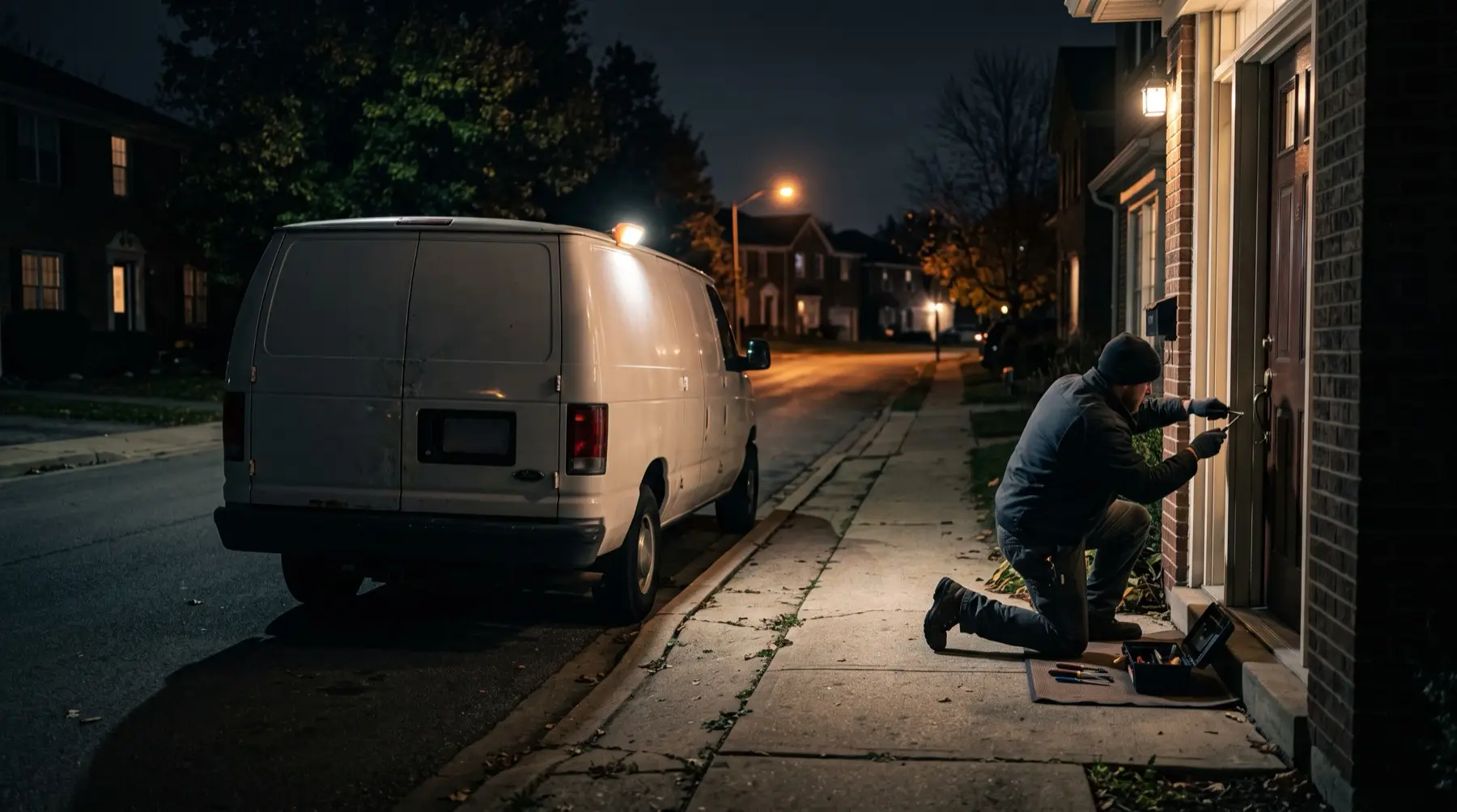 Marco Island Locksmith working a lock at night with a service van at the curb